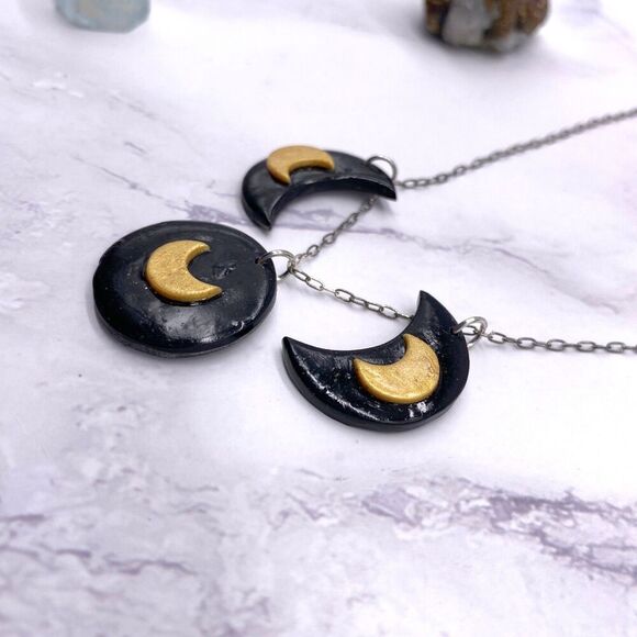 Black and Gold Moon Phase Celestial Sterling Silver Necklace - Picture 5 of 9
